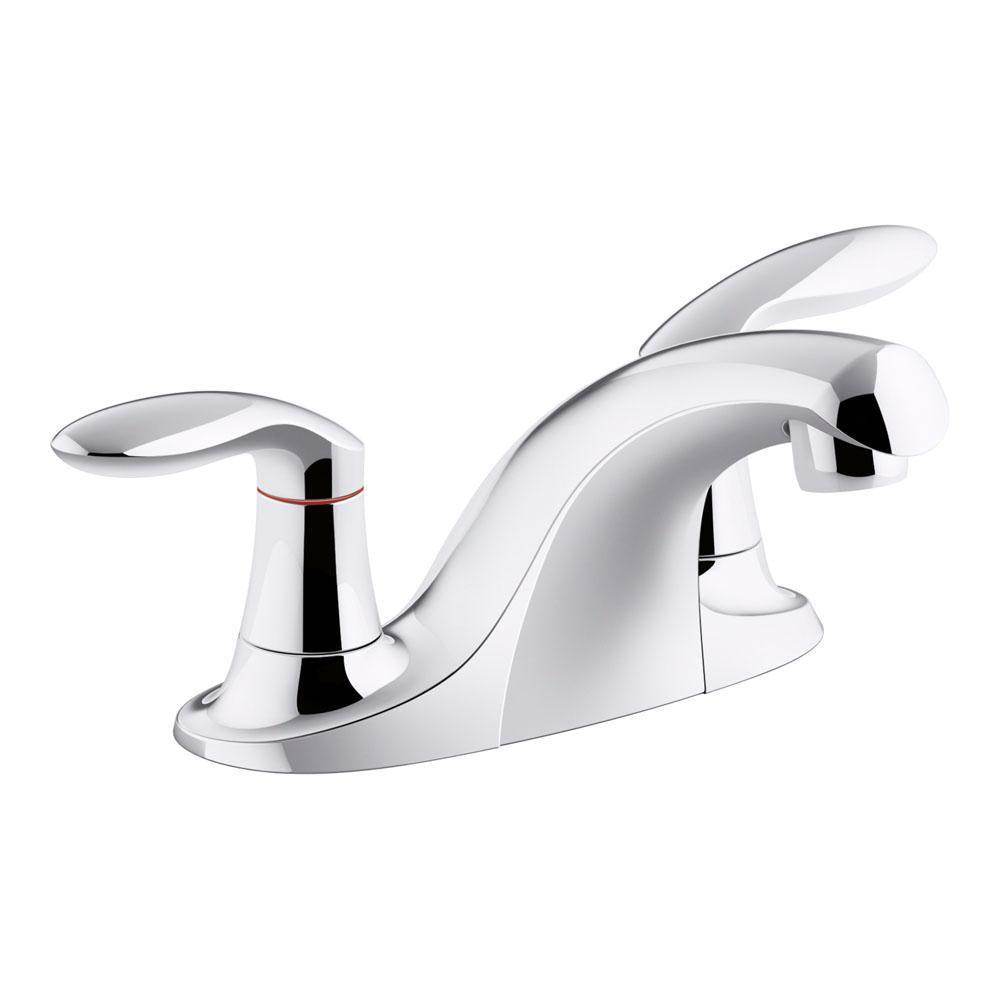 Coralais Two-handle centerset bathroom sink faucet with 0.5 gpm vandal-resistant aerator and red/blue indicator, less drain