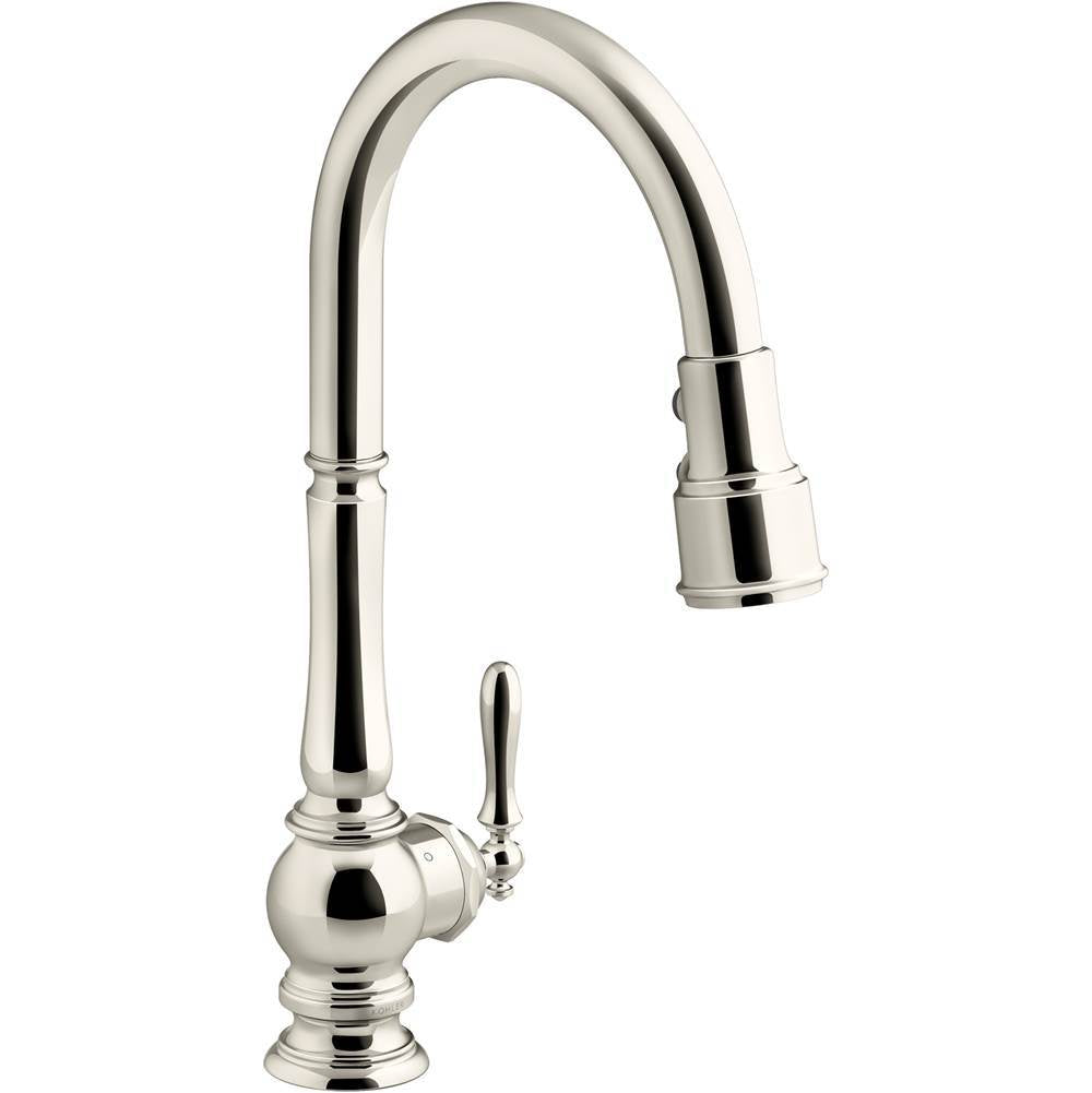 Artifacts Touchless pull-down kitchen sink faucet with three-function sprayhead