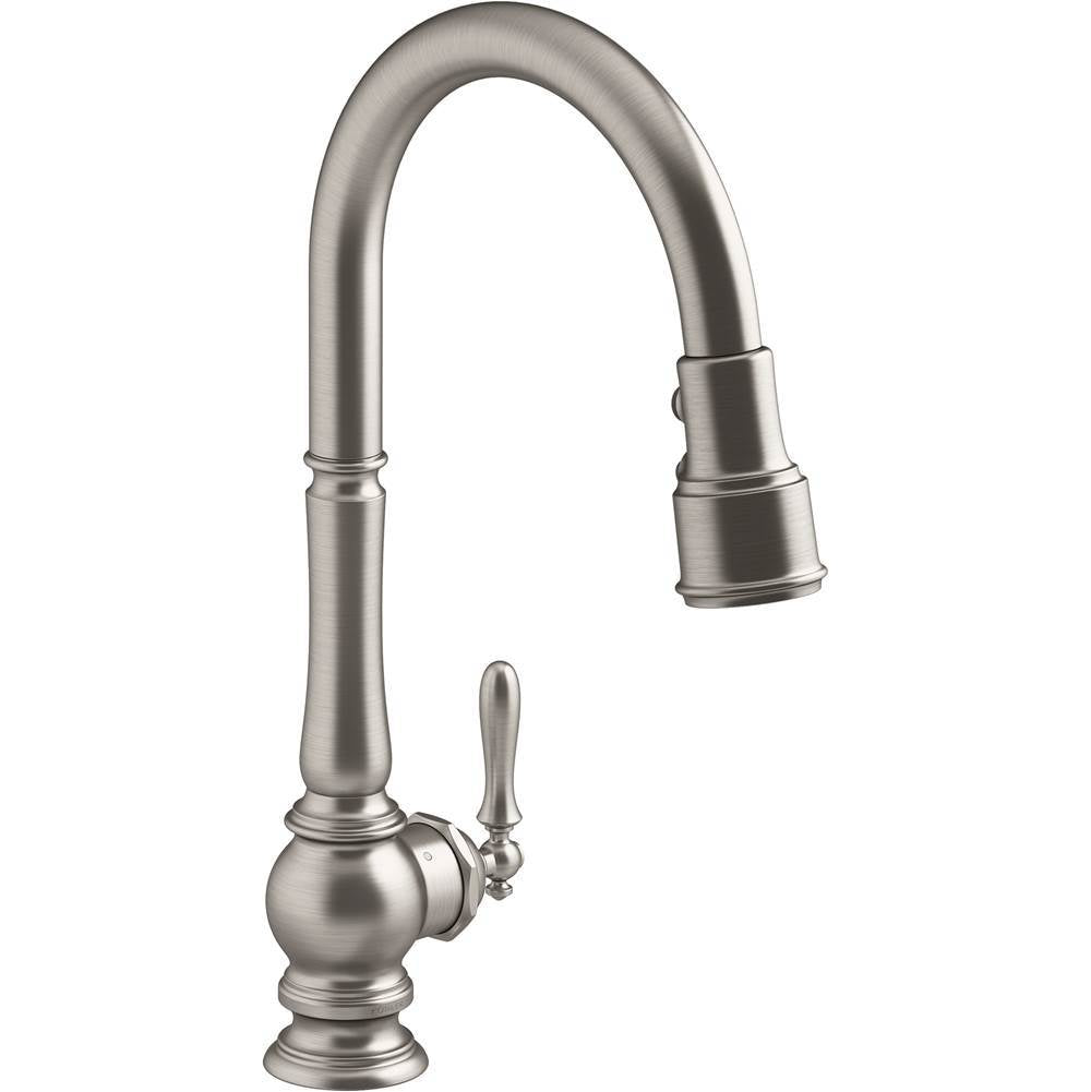 Artifacts Touchless pull-down kitchen sink faucet with three-function sprayhead