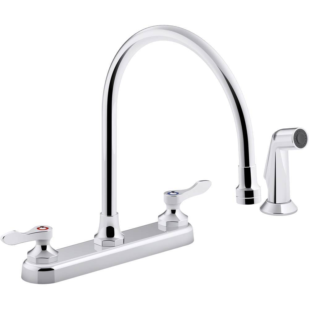 Triton Bowe 1.8 gpm kitchen sink faucet with 9-5/16" gooseneck spout, matching finish sidespray, aerated flow and wristblade handles