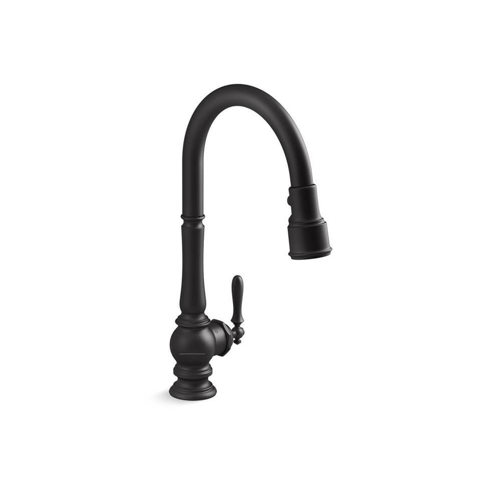 Artifacts Touchless pull-down kitchen sink faucet with three-function sprayhead