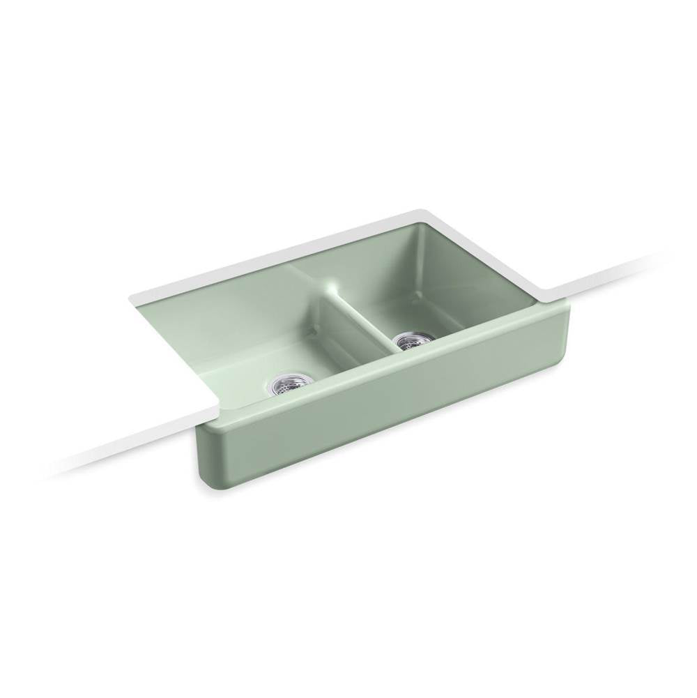 Whitehaven Smart Divide 35-1/2" undermount double-bowl farmhouse kitchen sink with short apron