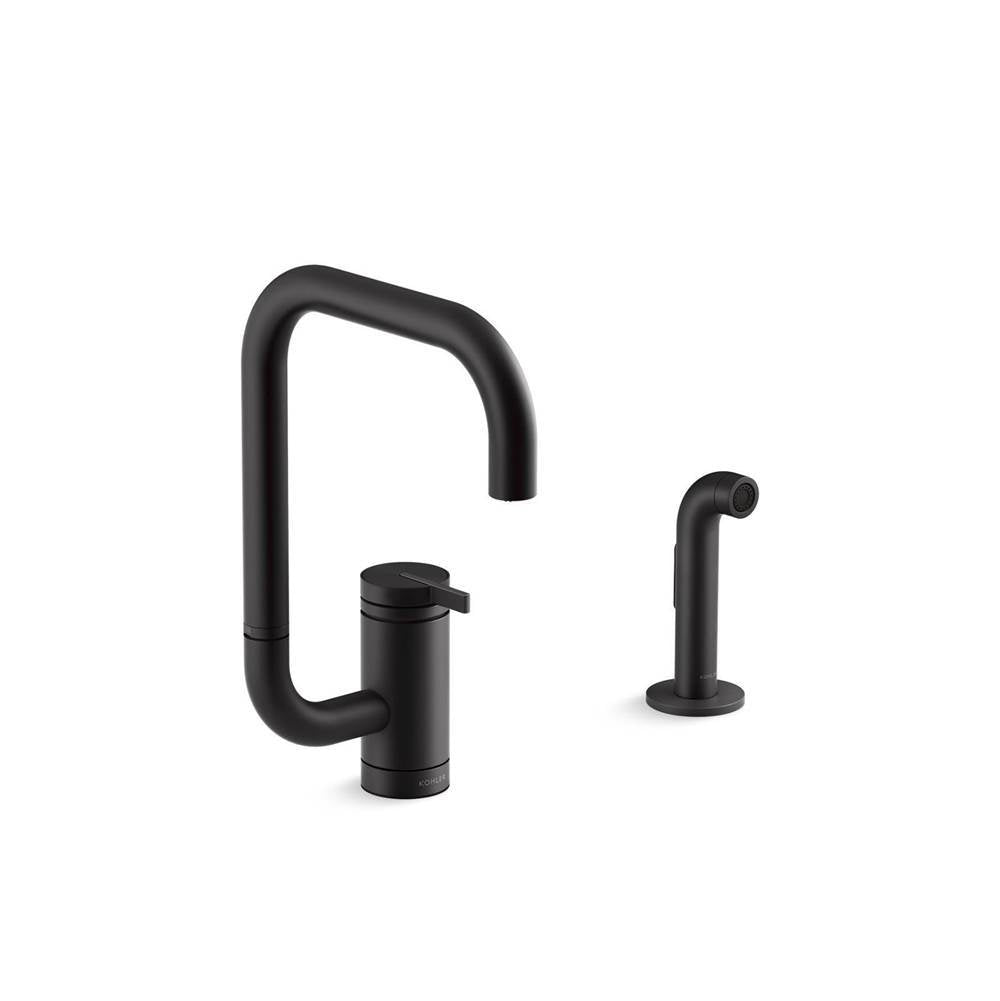 Components Single-handle kitchen sink faucet with two-function extended-reach spout and side sprayer