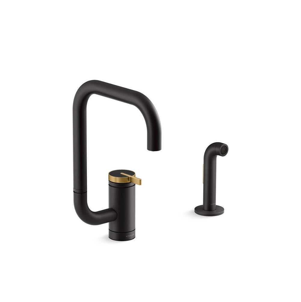 Components Single-handle kitchen sink faucet with two-function extended-reach spout and side sprayer