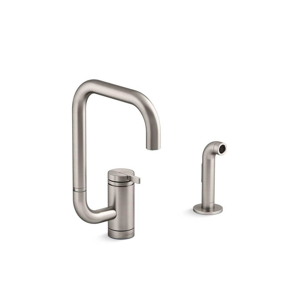 Components Single-handle kitchen sink faucet with two-function extended-reach spout and side sprayer