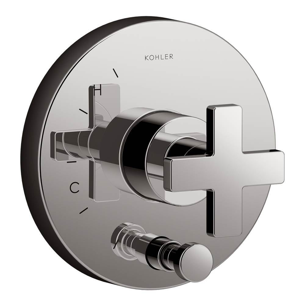 Composed Rite-Temp valve trim with push-button diverter and cross handle