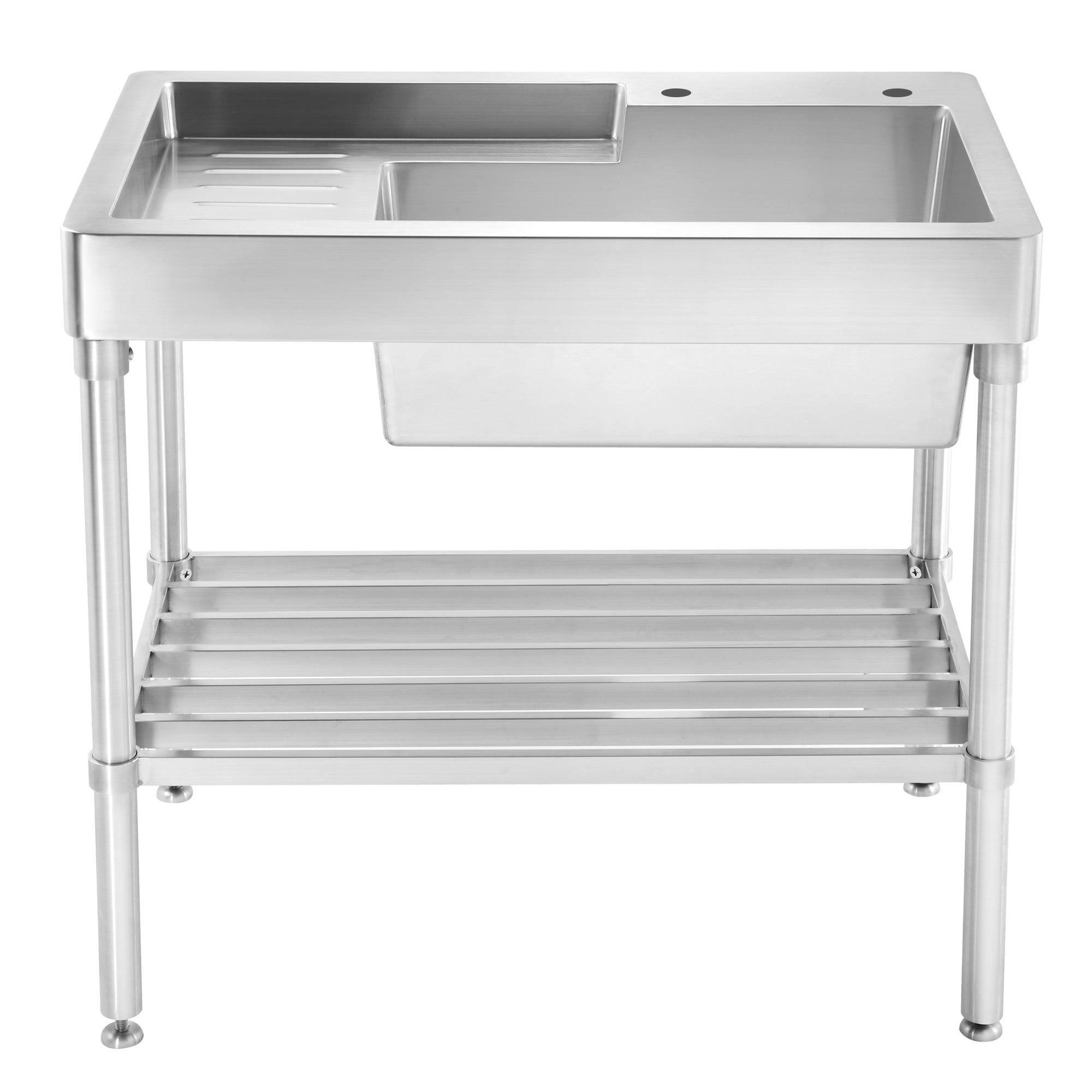 Pearlhaus Brushed Stainless Steel Single Bowl, Freestanding Utility Sink with Drainboard and Lower Rack