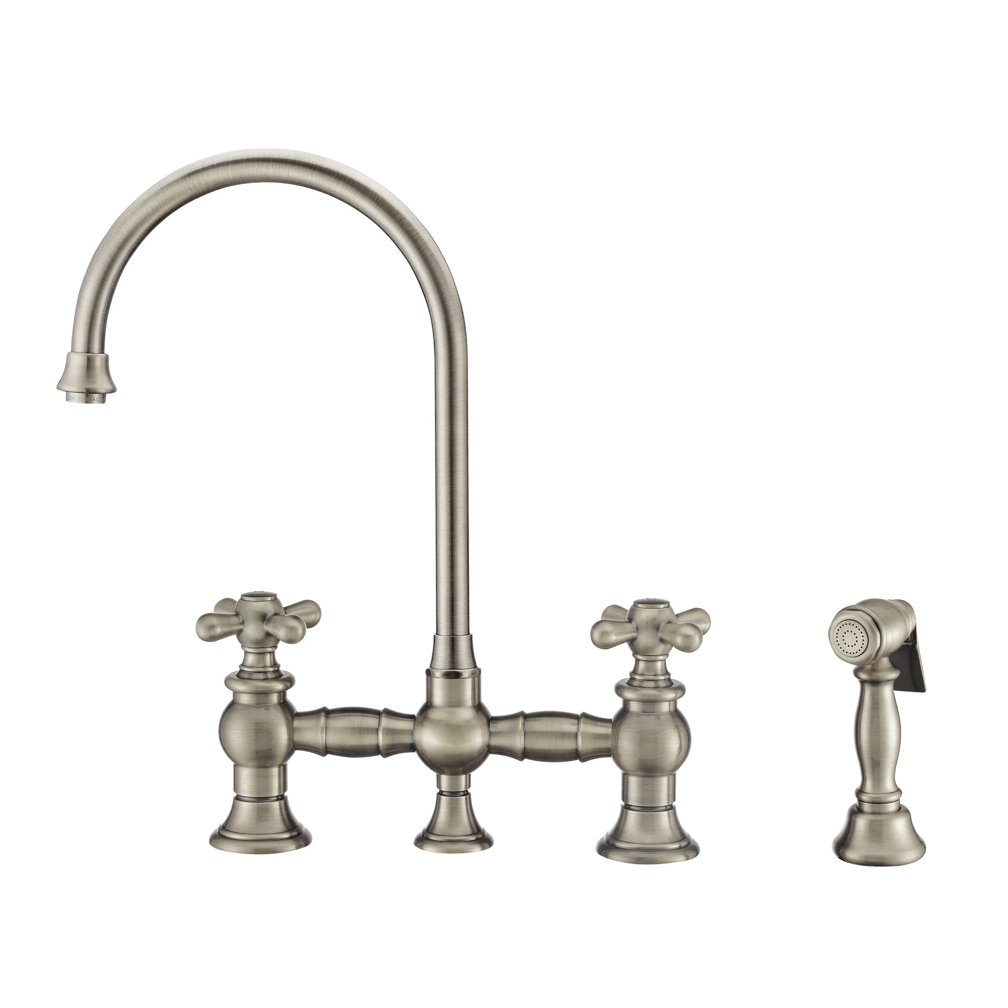 Vintage III Plus Bridge Faucet with Long Gooseneck Swivel Spout, Cross Handles and Solid Brass Side Spray