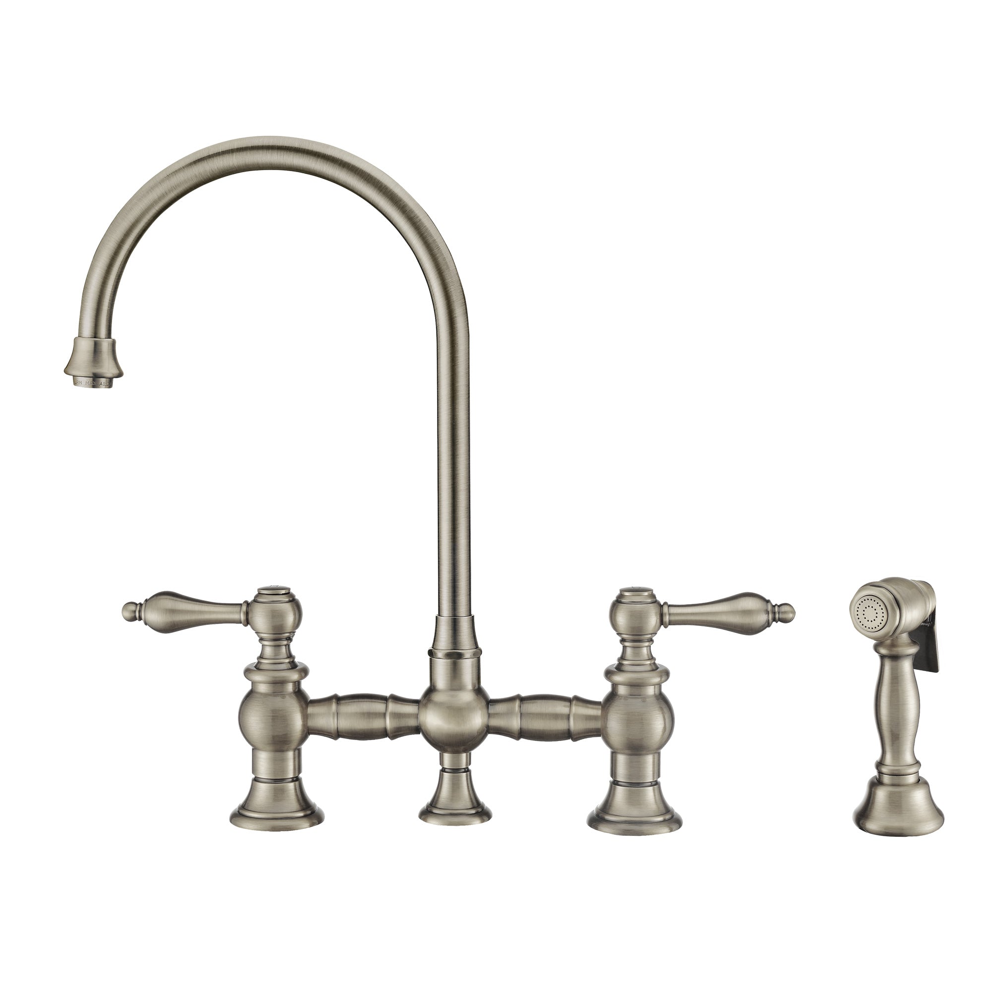 Vintage III Plus Bridge Faucet with Long Gooseneck Swivel Spout, Lever Handles and Solid Brass Side Spray