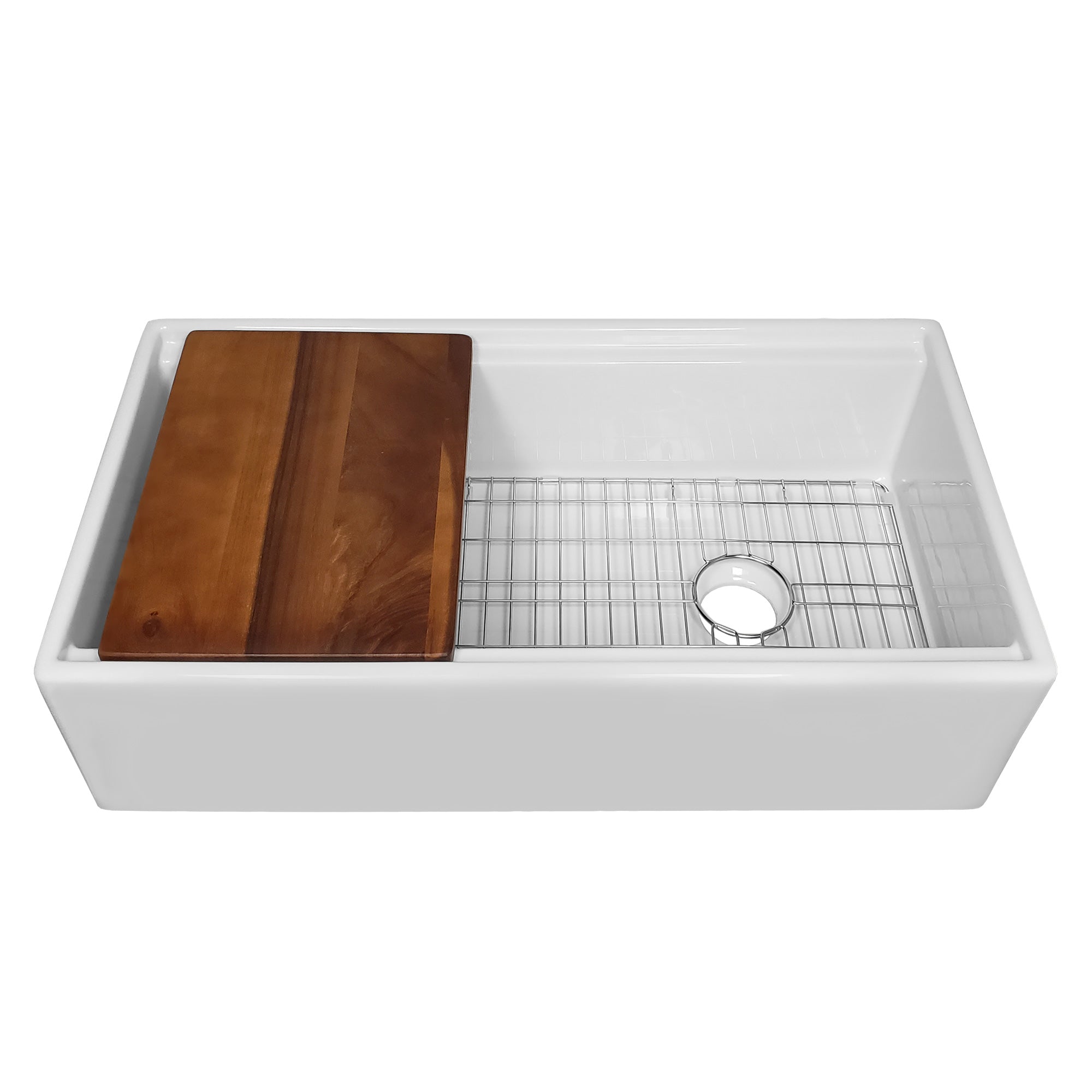 Whitehaus Collection 36" Reversible Single Bowl Fireclay Sink Set with a Smooth Front Apron, Walnut Wood Cutting Board and Stainless Steel Grid