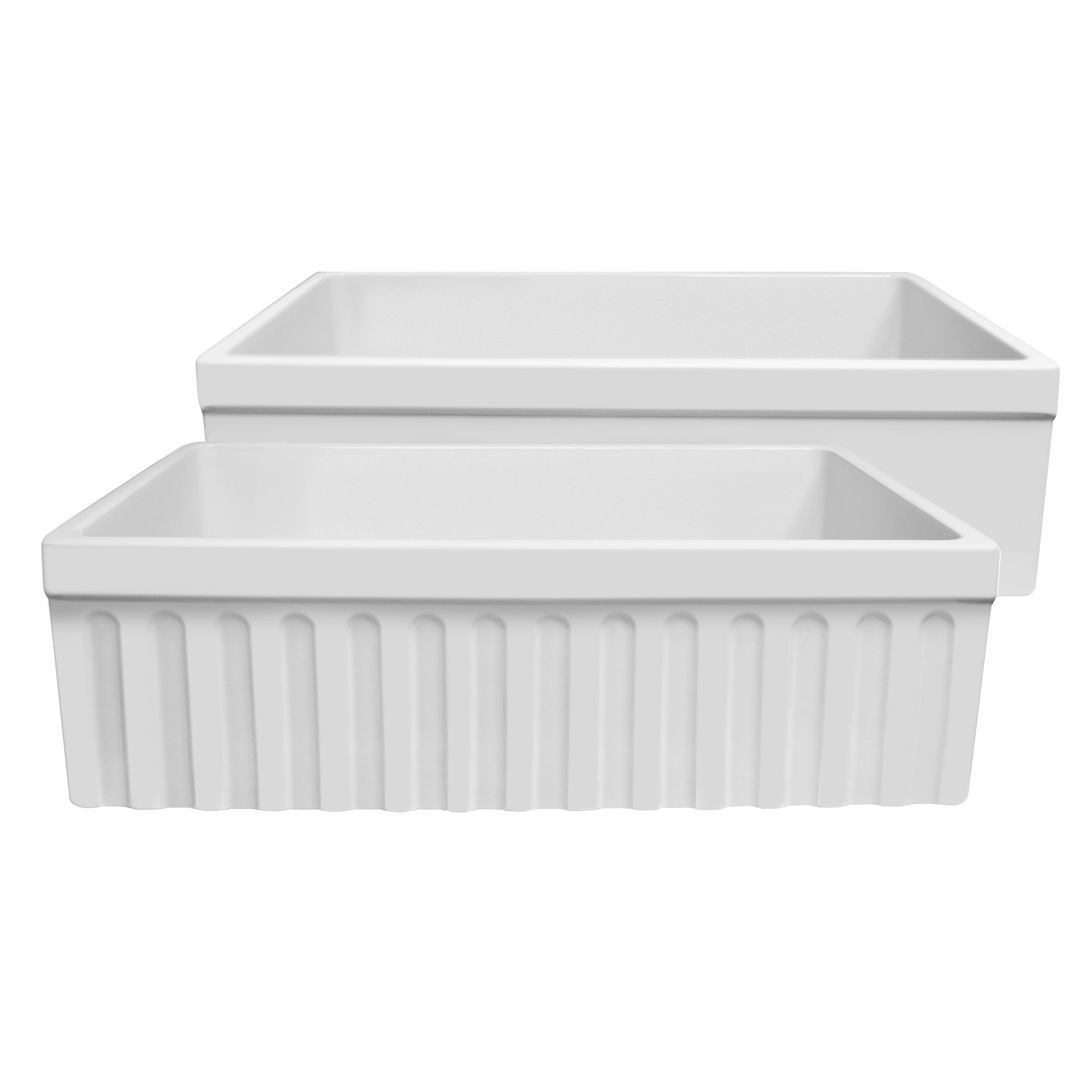 Farmhaus Fireclay Quatro Alcove Reversible Sink with a Fluted Front Apron and Decorative 2 1/2" Lip on One Side and 2" Lip on the Opposite Side