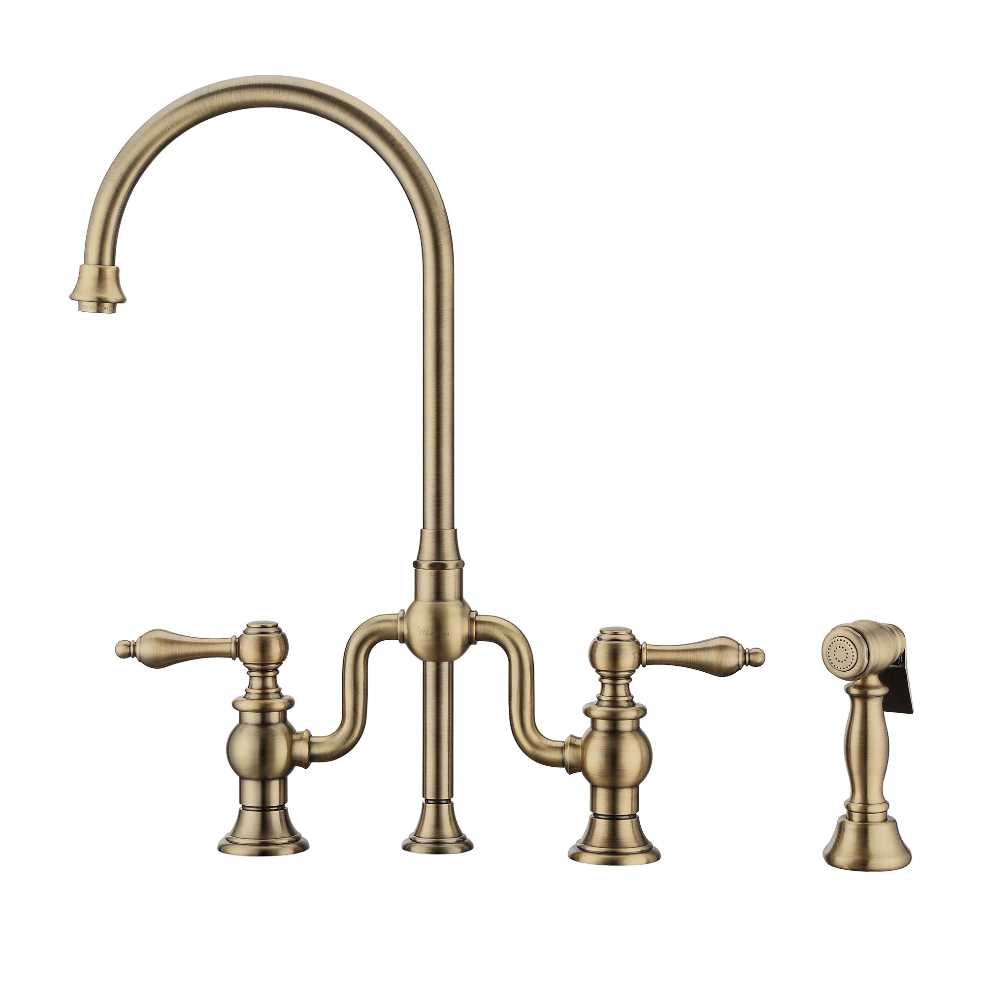 Twisthaus Plus Bridge Faucet with Gooseneck Swivel Spout, Lever Handles and Solid Brass Side Spray