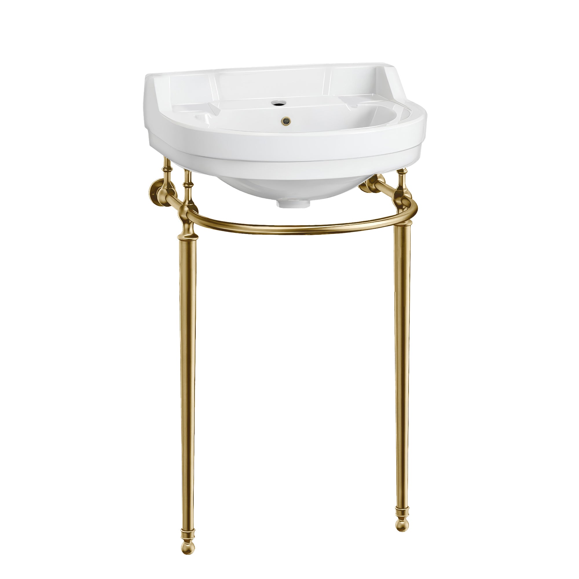 22" Console Sink With Semi-Circular Bowl, Single Faucet Drilling, Solid Brass Leg Supports, Backsplash, Overflow and Front Towel Bar.