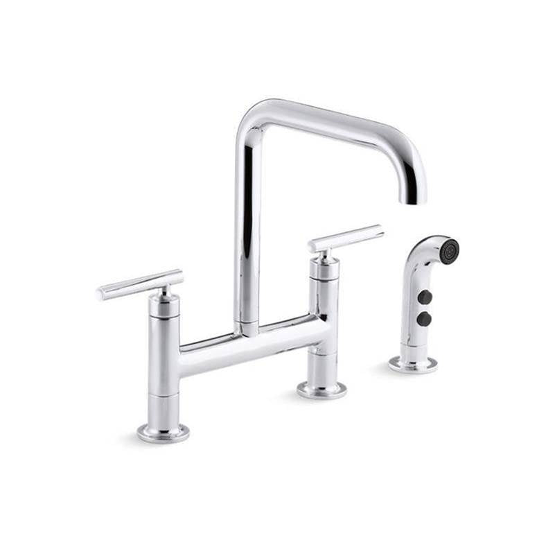 Purist Two-hole bridge kitchen sink faucet with side sprayer