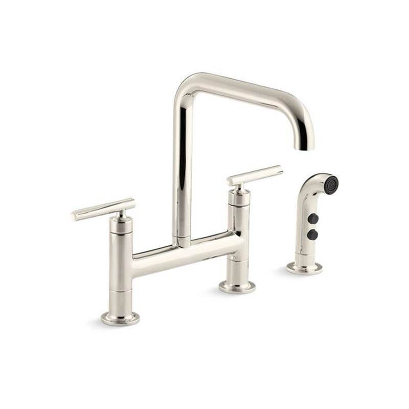 Purist Two-hole bridge kitchen sink faucet with side sprayer