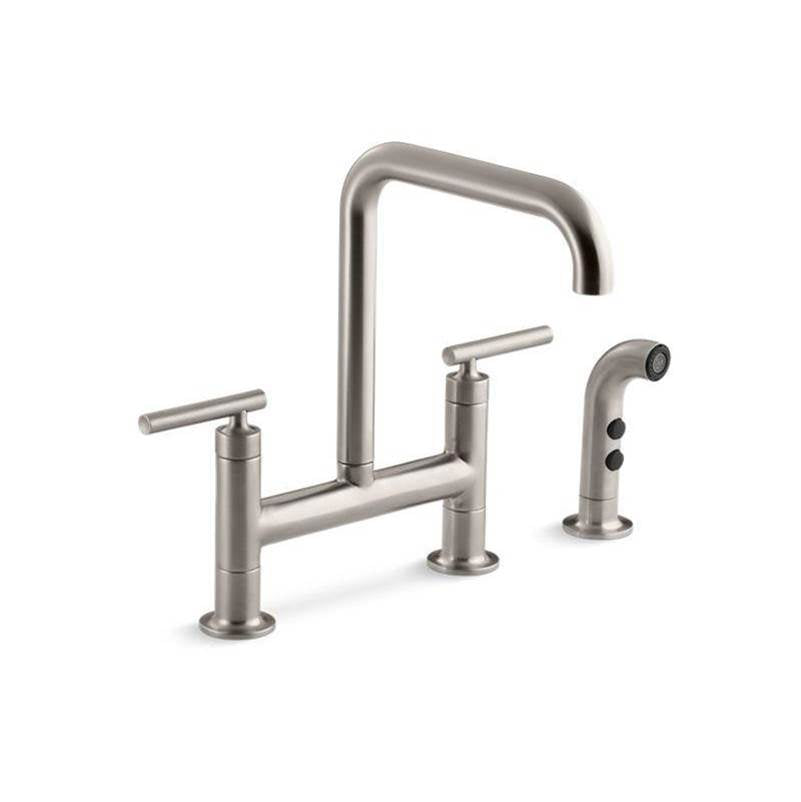 Purist Two-hole bridge kitchen sink faucet with side sprayer