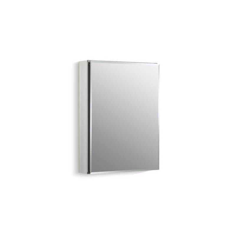 20" W x 26" H aluminum single-door medicine cabinet with mirrored door, beveled edges