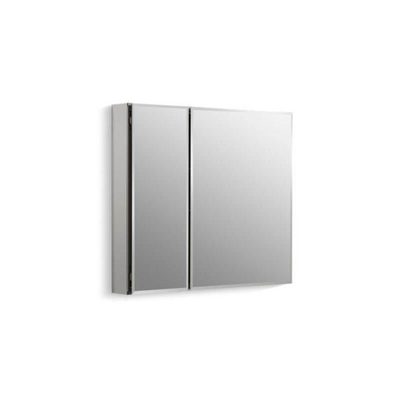 30" W x 26" H aluminum two-door medicine cabinet with mirrored doors, beveled edges
