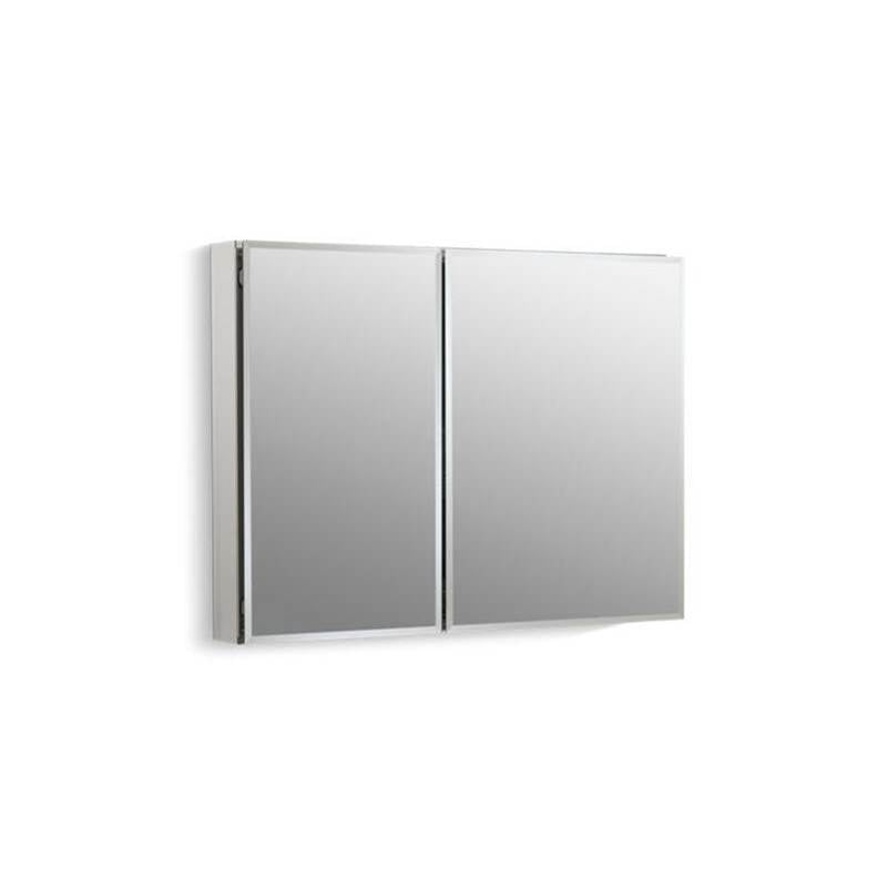 35" W x 26" H aluminum two-door medicine cabinet with mirrored doors, beveled edges