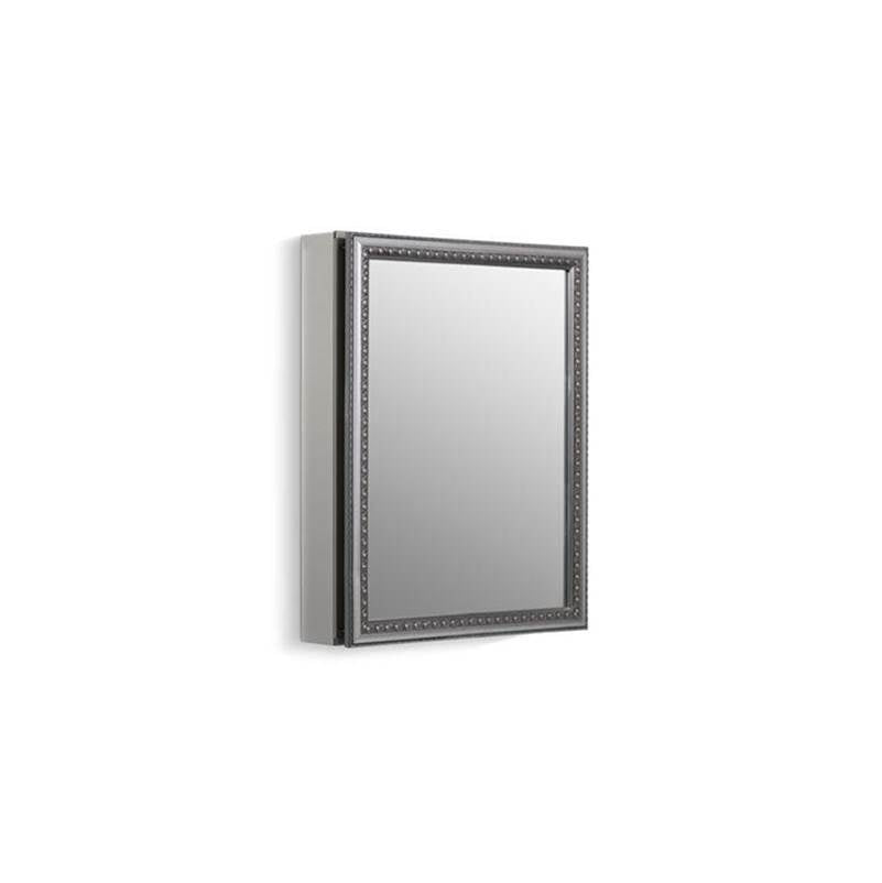 20" W x 26" H aluminum single-door medicine cabinet with decorative silver framed mirrored door