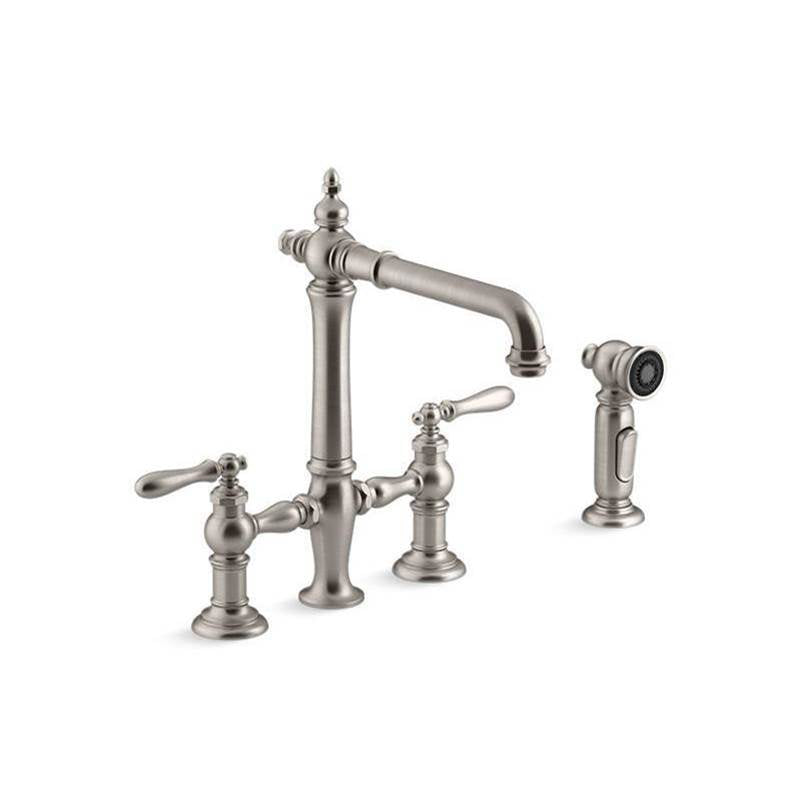 Artifacts Two-hole bridge kitchen sink faucet with side sprayer