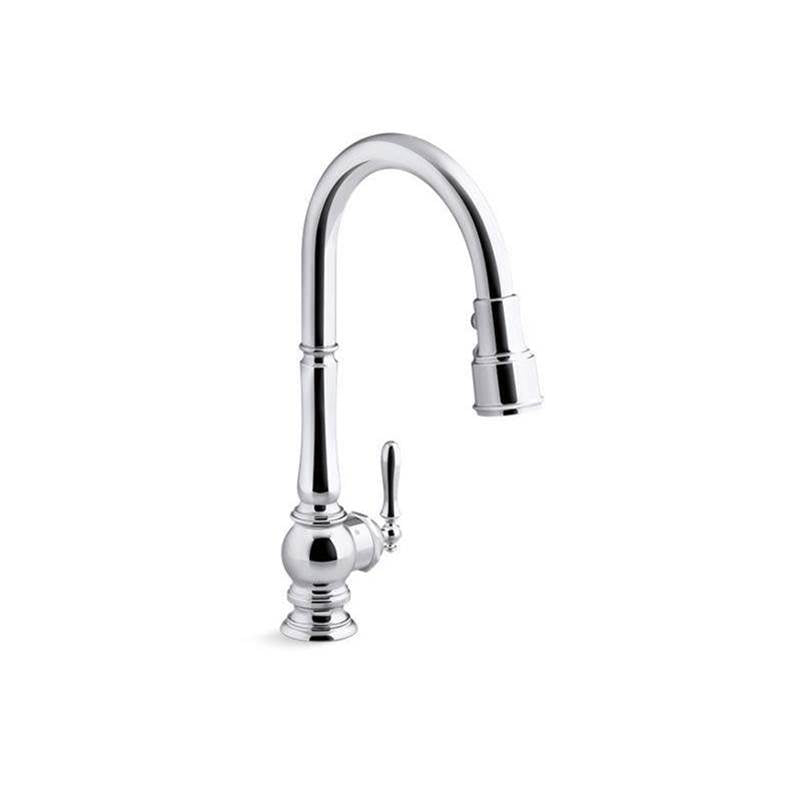 Artifacts Touchless pull-down kitchen sink faucet with three-function sprayhead