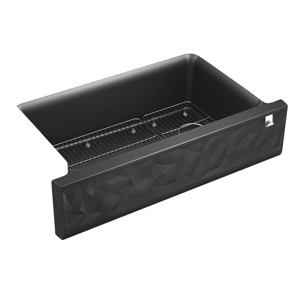 Cairn 34" undermount single-bowl farmhouse kitchen sink with faceted design