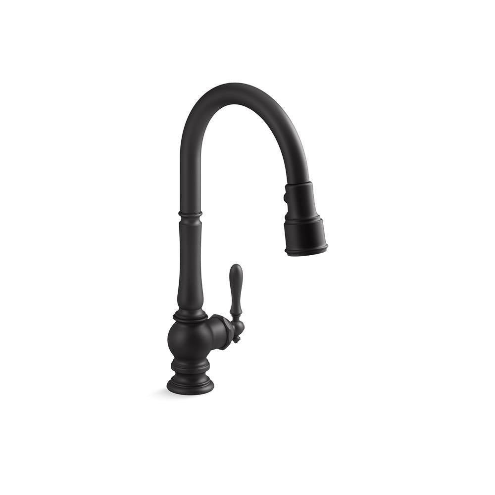 Artifacts Pull-down kitchen sink faucet with three-function sprayhead