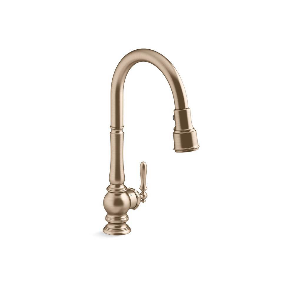 Artifacts Touchless pull-down kitchen sink faucet with three-function sprayhead