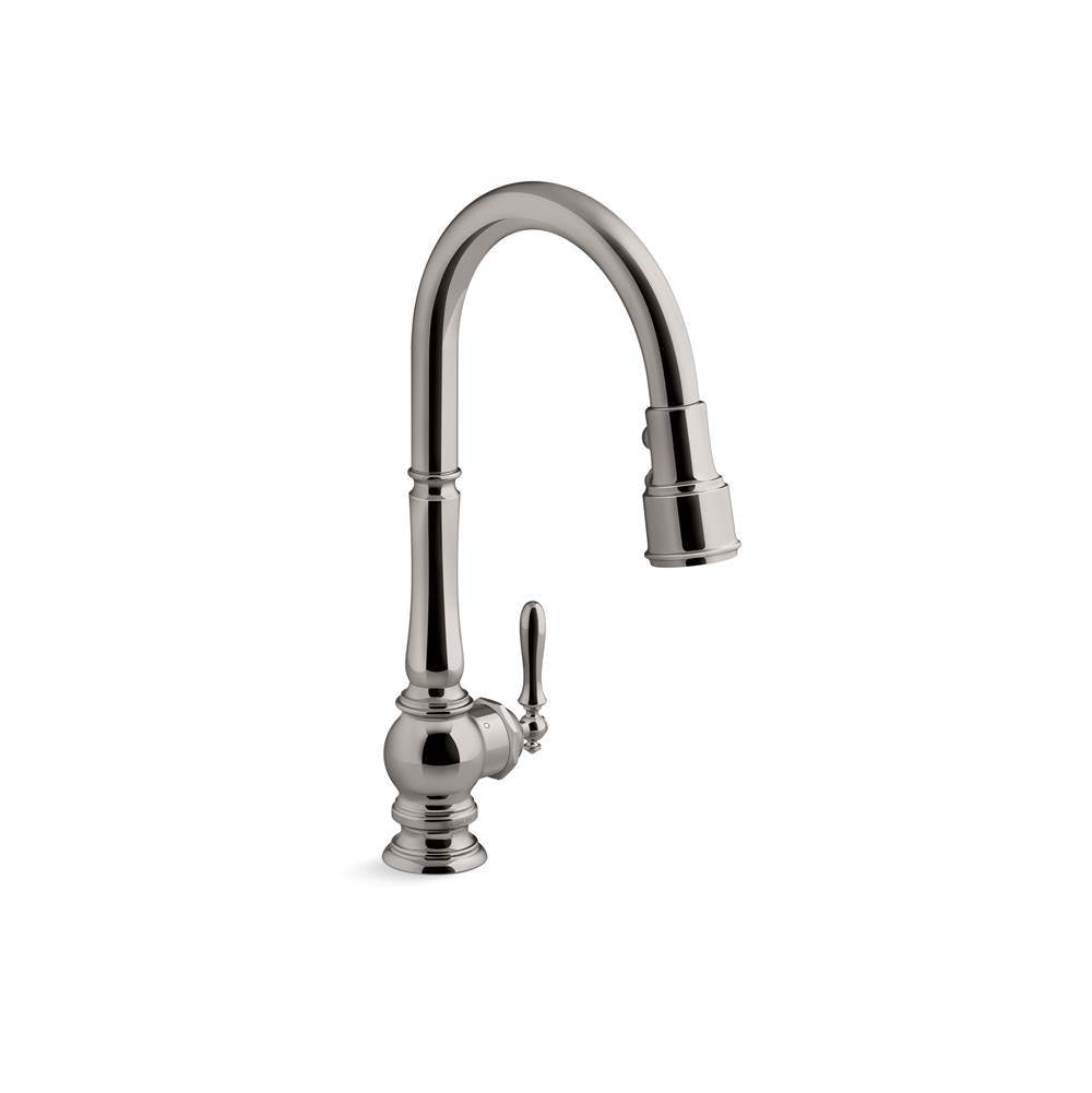 Artifacts Touchless pull-down kitchen sink faucet with three-function sprayhead