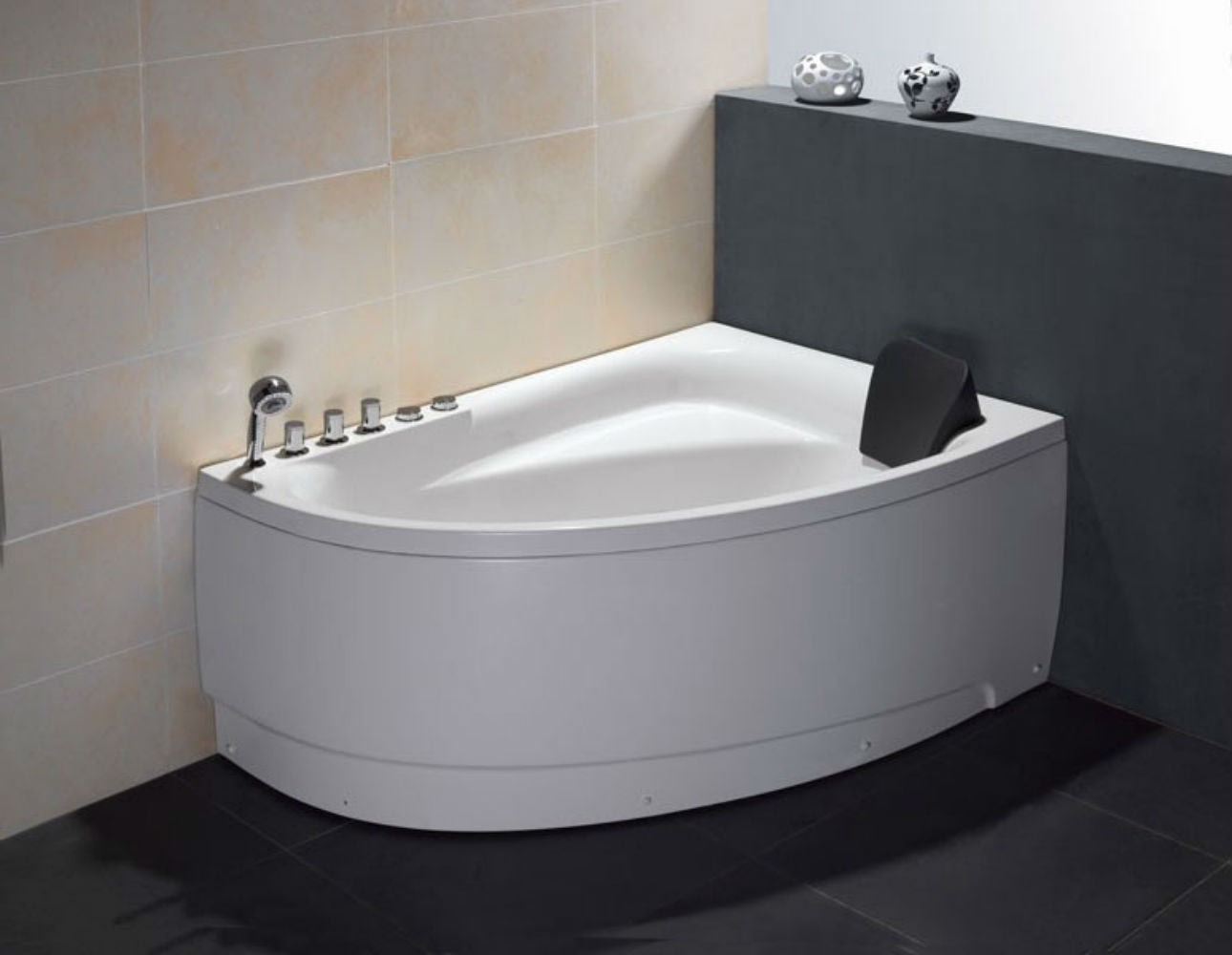 Corner White Acrylic Whirlpool Bath Tub - Drain On