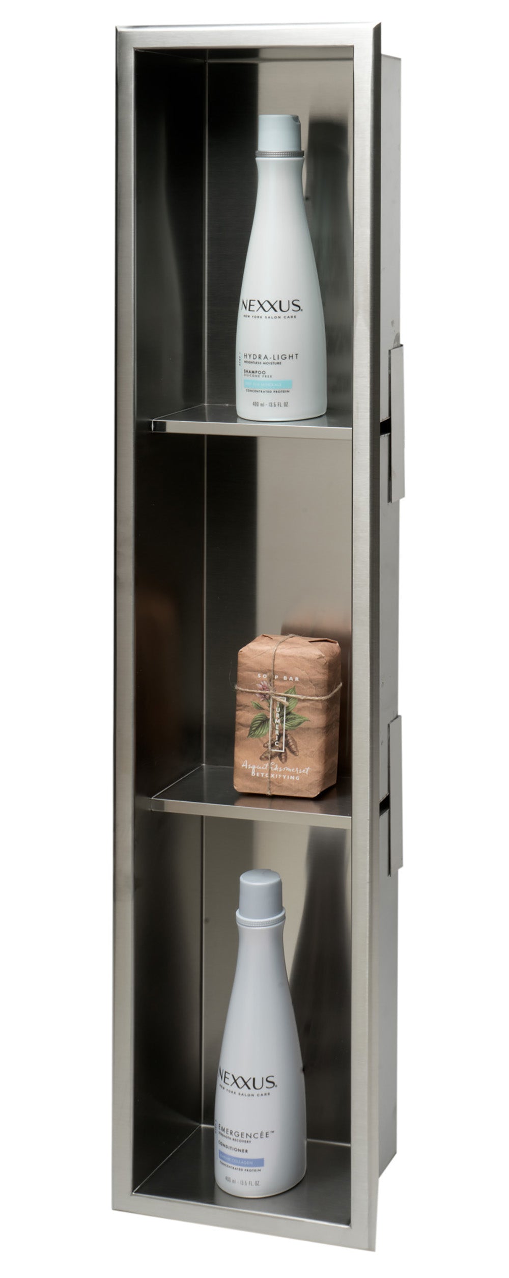 Brushed Stainless Steel Vertical Triple Shelf Bath Shower Niche