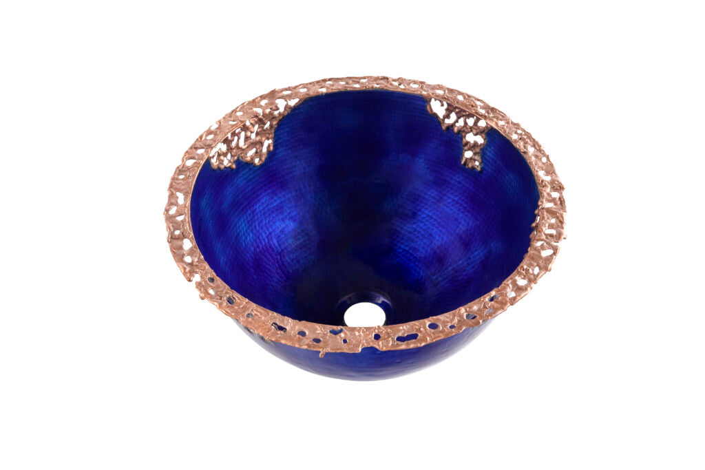 Thompson Traders GLASS-2RP-COBALT Molten Cobalt Bathroom Sink in Cobalt Enamel (Hammered) & Rose Gold (Welding)