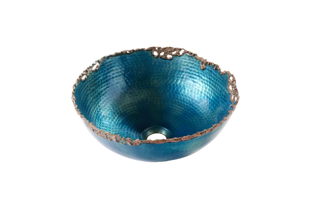 Thompson Traders GLASS-LEON-TURQ Molten Turquoise Bathroom Sink in Turquiose Enamel (Hammered) & Rose Gold (Welding)