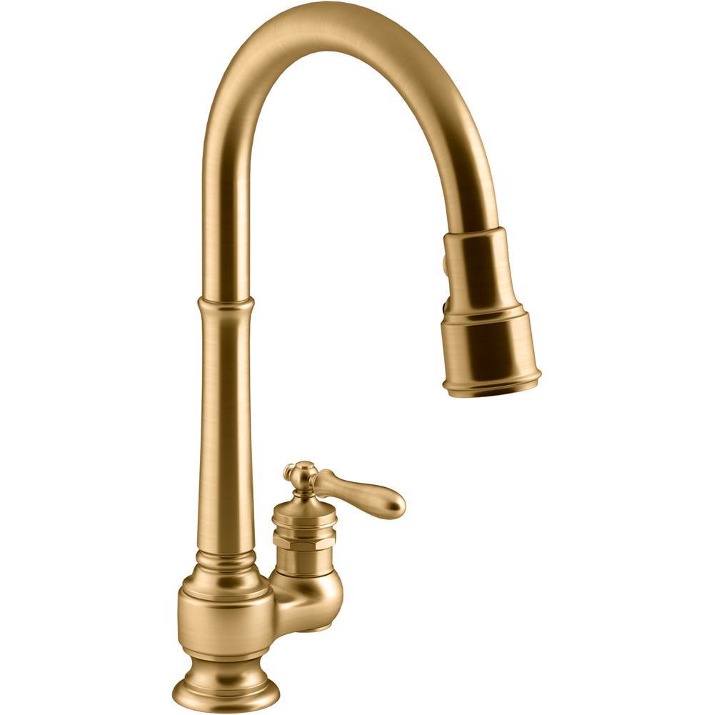 Artifacts Pull-down kitchen sink faucet with three-function sprayhead