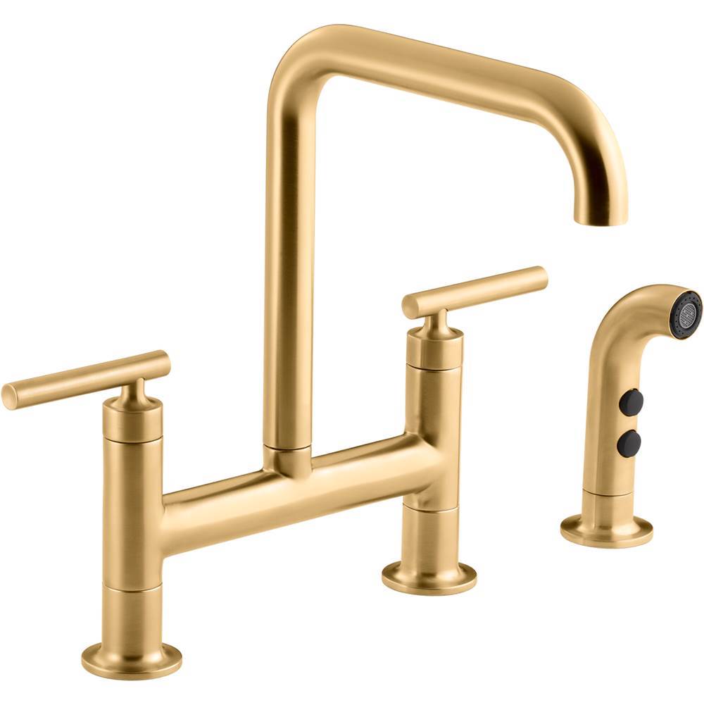Purist Two-hole bridge kitchen sink faucet with side sprayer