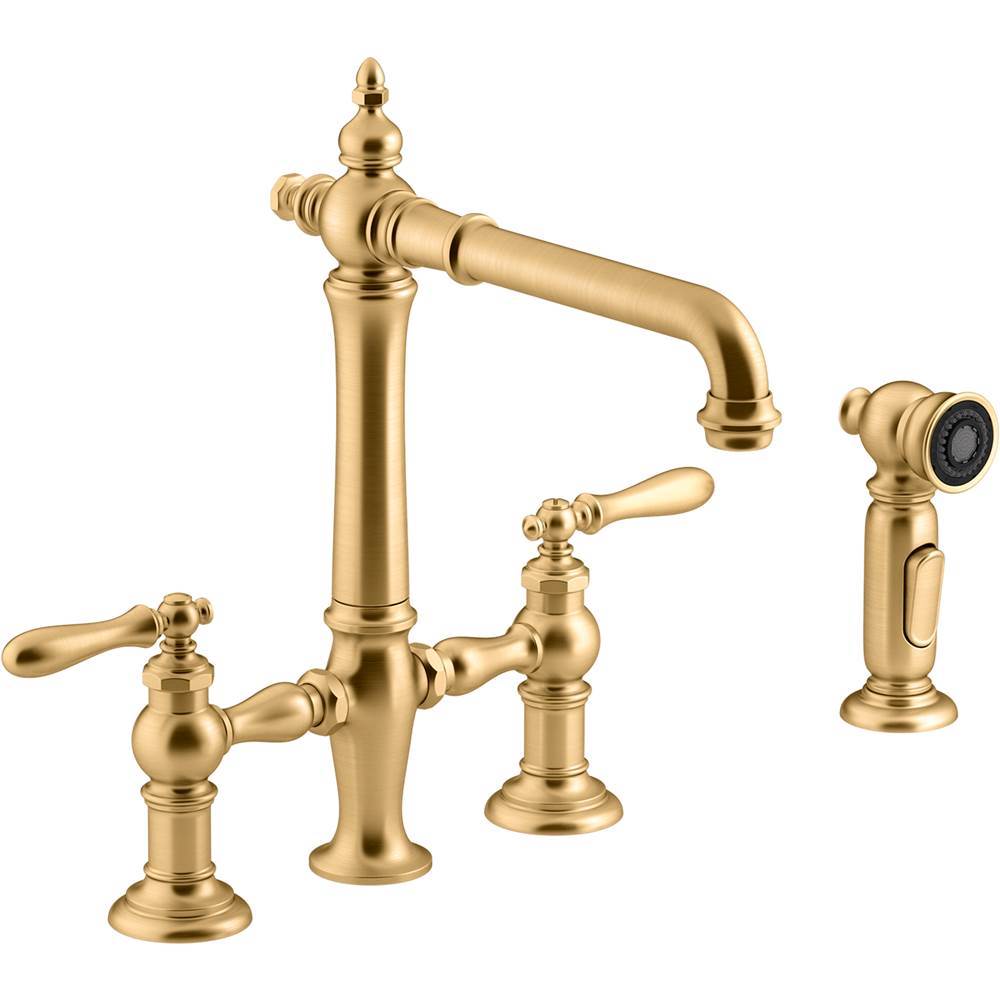 Artifacts Two-hole bridge kitchen sink faucet with side sprayer