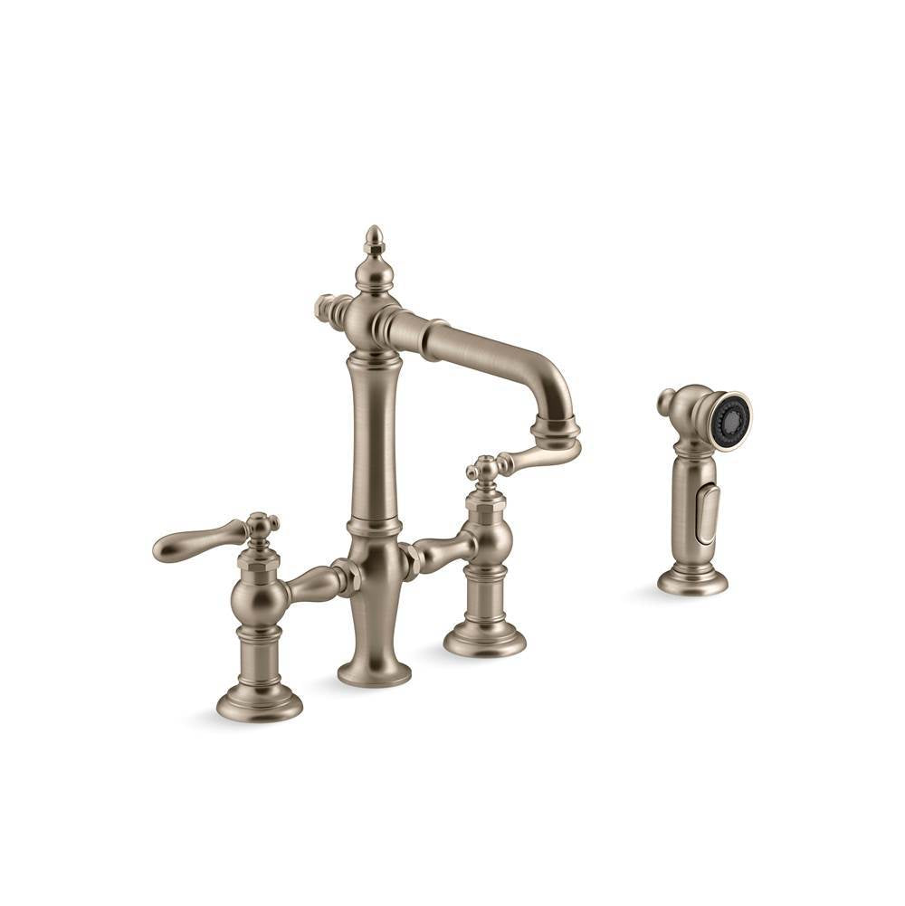 Artifacts Two-hole bridge bar sink faucet with side sprayer