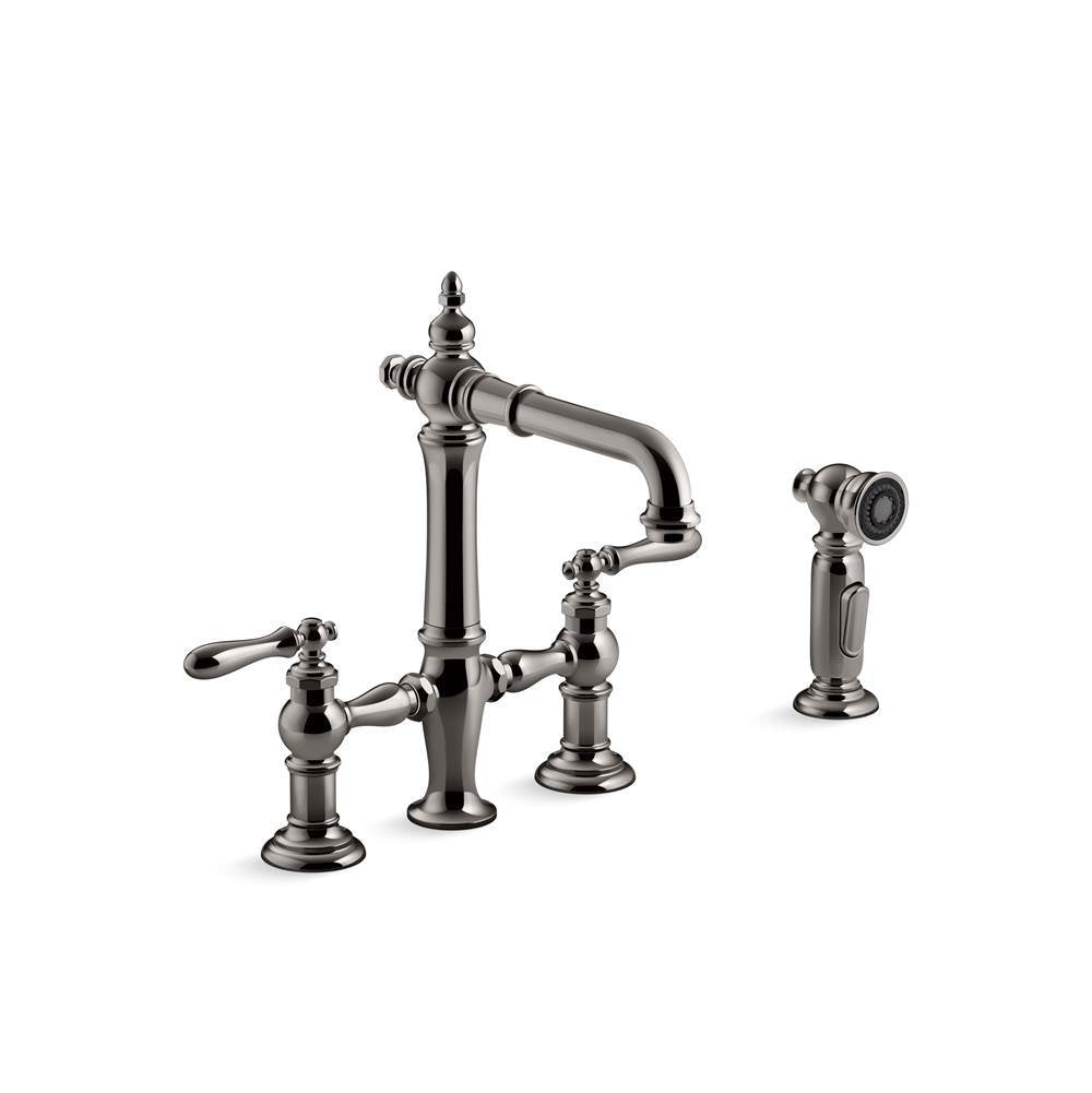 Artifacts Two-hole bridge bar sink faucet with side sprayer