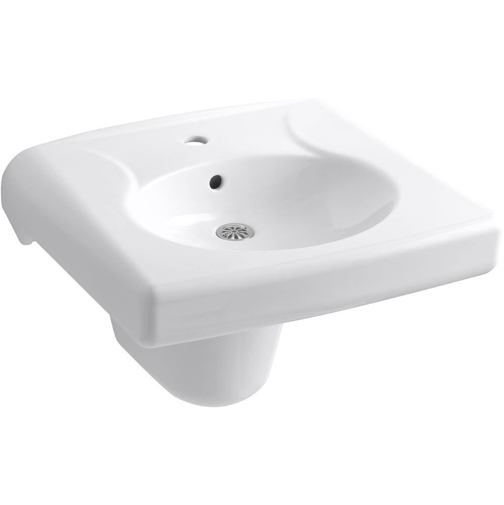 Brenham Wall-mount or concealed carrier arm mount commercial bathroom sink with single faucet hole and shroud, antimicrobial finish