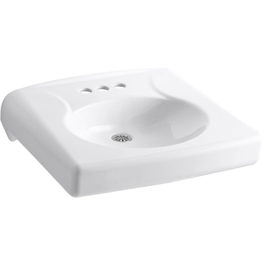 Brenham Wall-mount or concealed carrier arm mount commercial bathroom sink with 4" centerset faucet holes and no overflow, antimicrobial finish