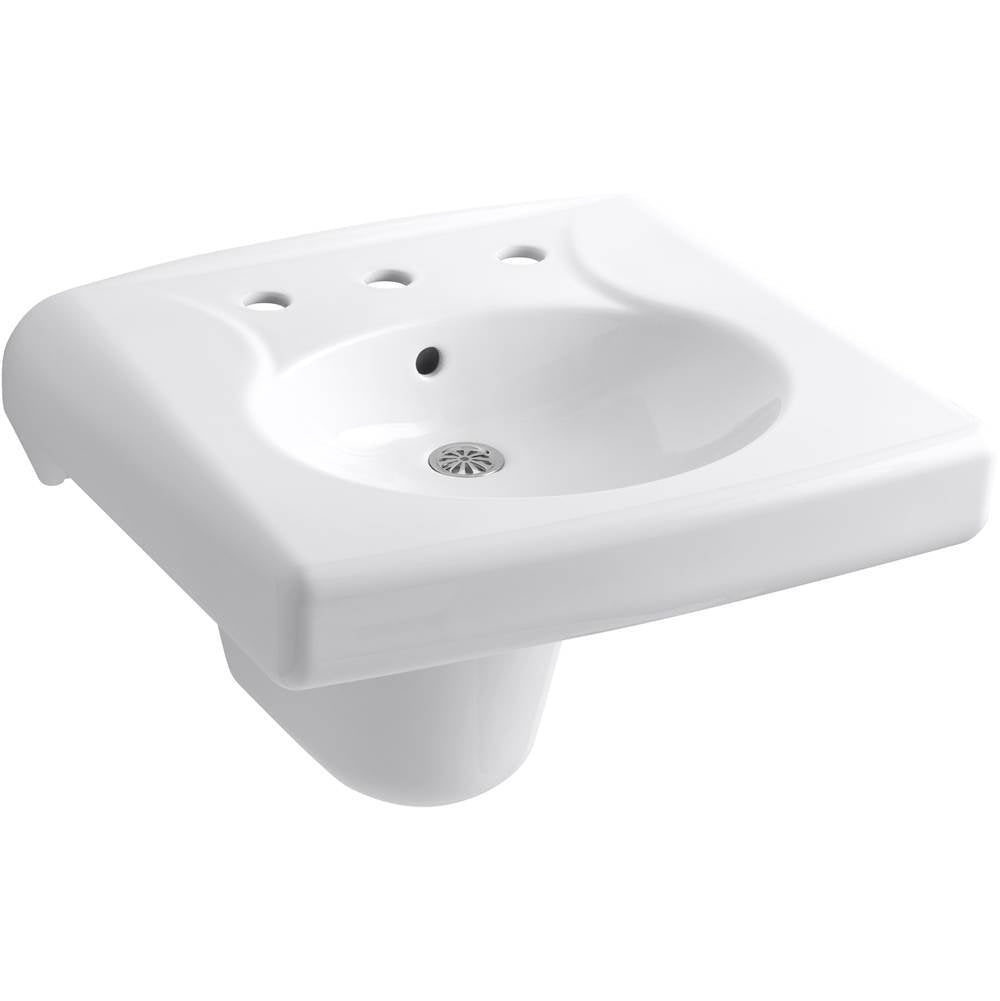 Brenham Wall-mount or concealed carrier arm mount commercial bathroom sink with widespread faucet holes and shroud, antimicrobial finish