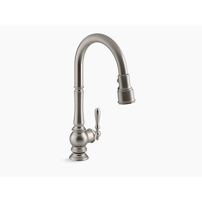 Artifacts  Pull-down kitchen sink faucet with three-function sprayhead
