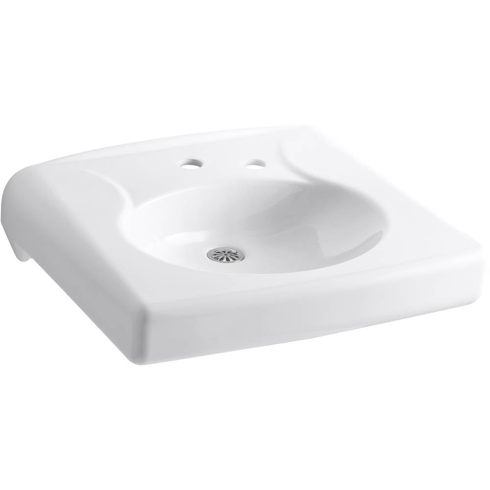 Brenham Wall-mount or concealed carrier arm mount commercial bathroom sink with single faucet hole, no overflow and right-hand soap dispenser hole, antimicrobial finish
