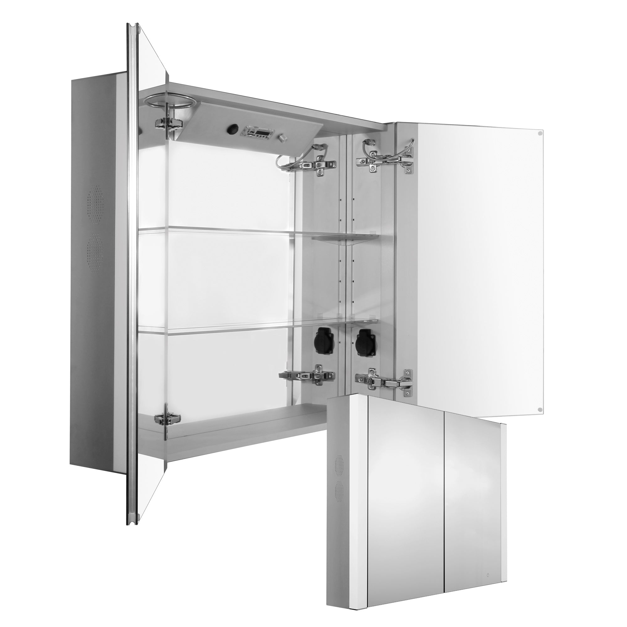 Musichaus Double Mirrored Door Medicine Cabinet with USB, SD Card, Bluetooth, FM radio, Speakers, Defogger, & Dimmer