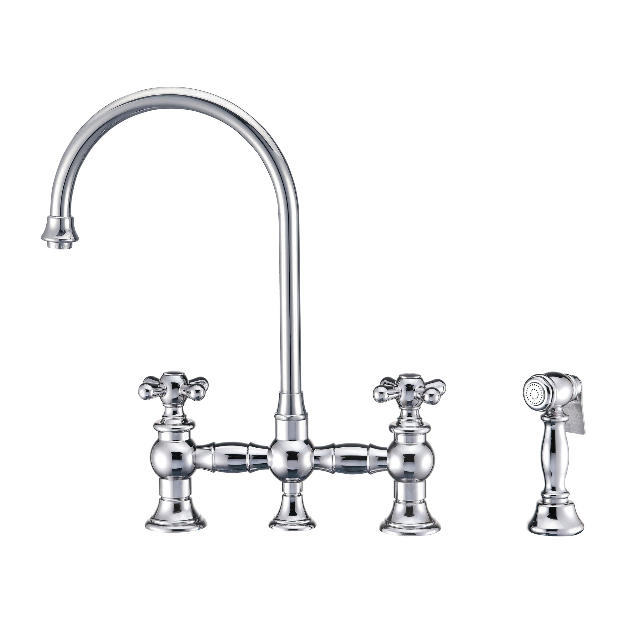 Vintage III Plus Bridge Faucet with Long Gooseneck Swivel Spout, Cross Handles and Solid Brass Side Spray