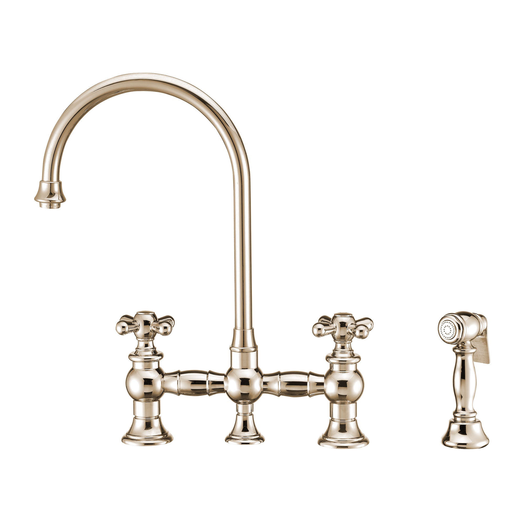 Vintage III Plus Bridge Faucet with Long Gooseneck Swivel Spout, Cross Handles and Solid Brass Side Spray