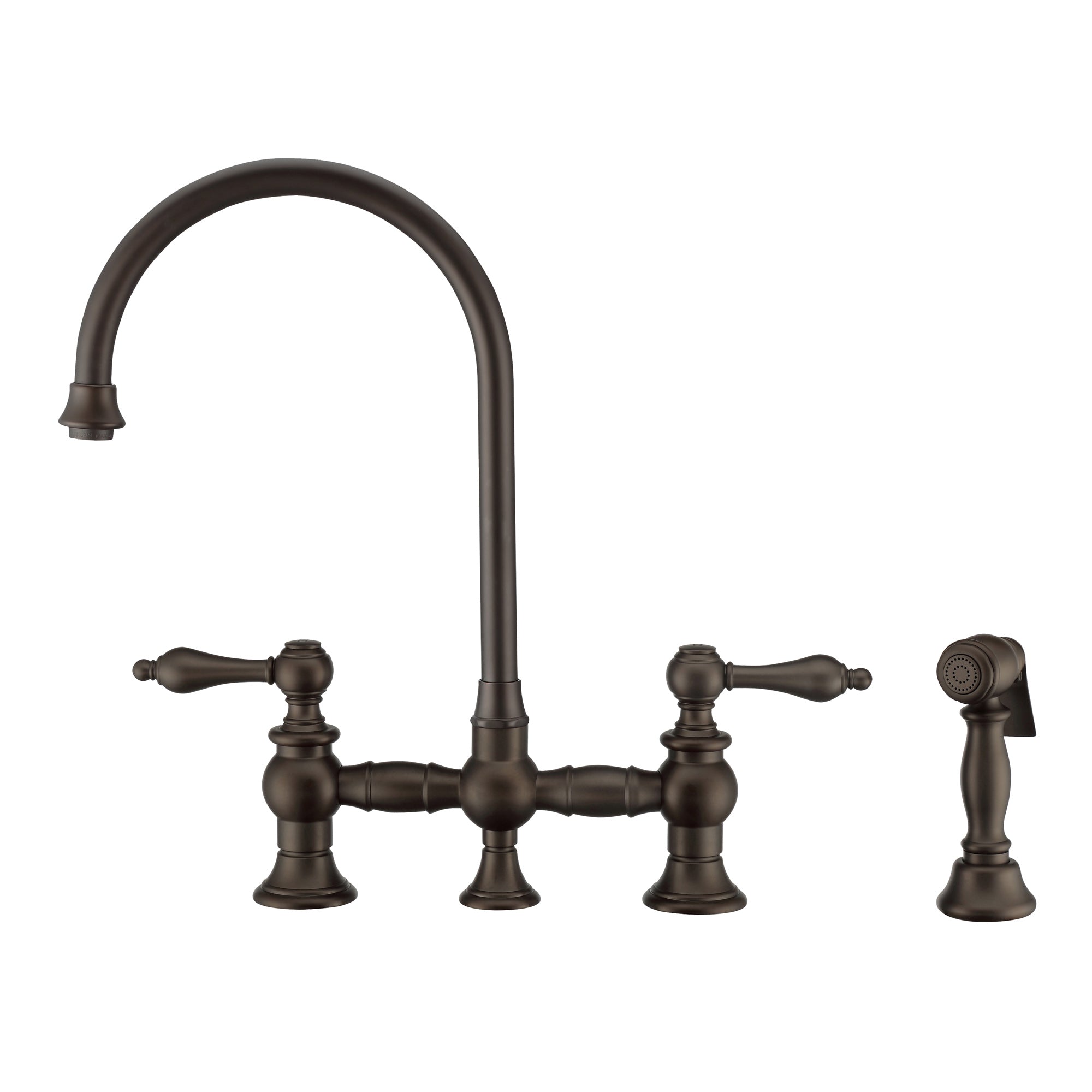 Vintage III Plus Bridge Faucet with Long Gooseneck Swivel Spout, Lever Handles and Solid Brass Side Spray