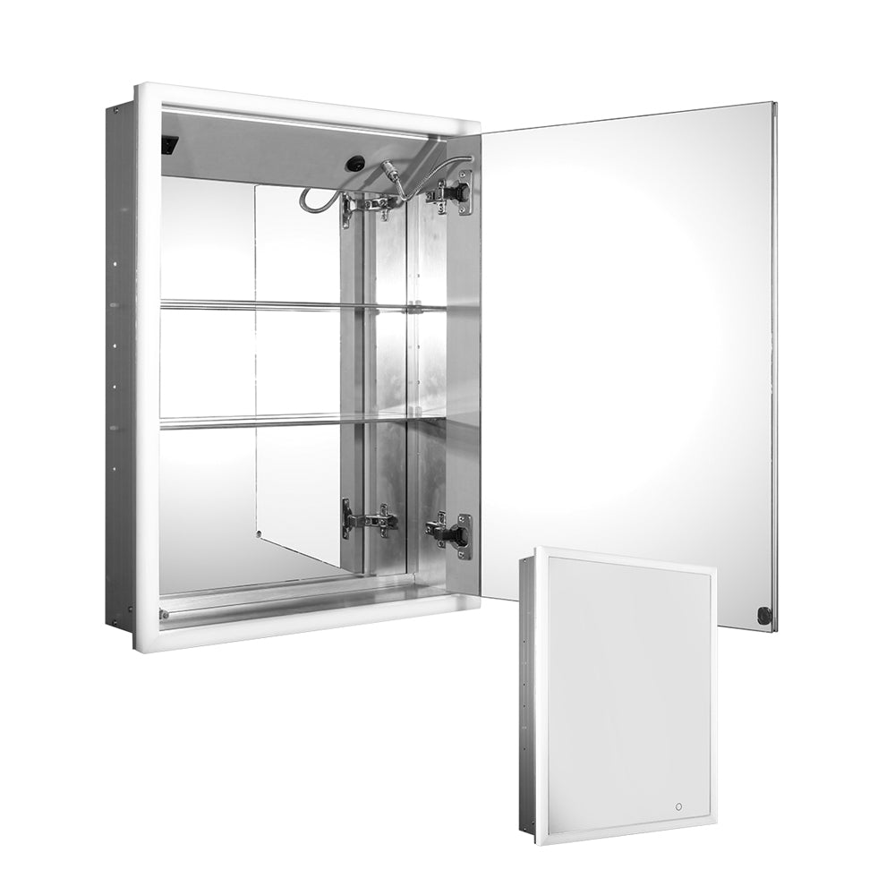 Medicinehaus Recessed Single Mirrored Door Medicine Cabinet with Outlet, Defogger, LED Power Button and Dimmer for Light
