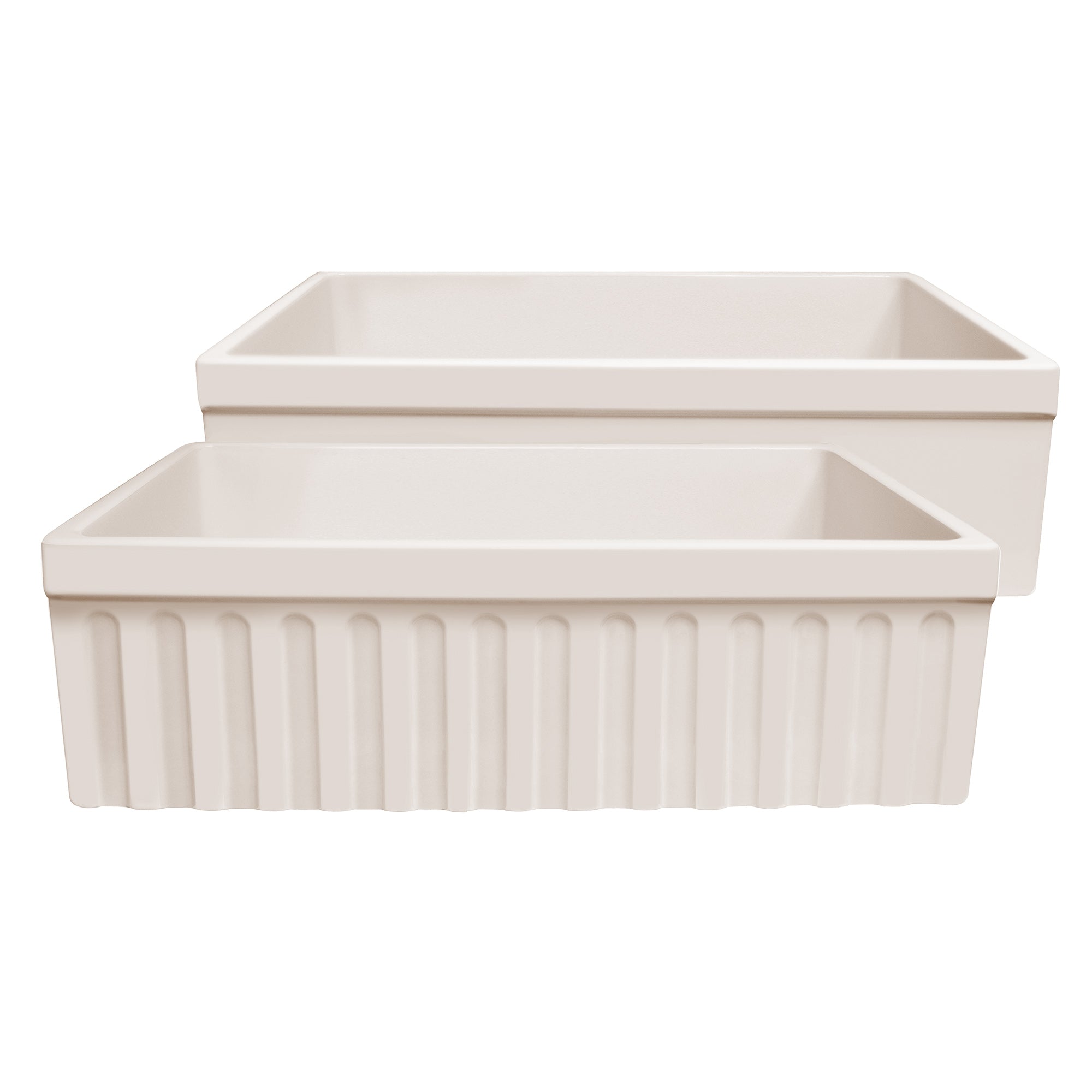 Farmhaus Fireclay Quatro Alcove Reversible Sink with a Fluted Front Apron and Decorative 2 1/2" Lip on One Side and 2" Lip on the Opposite Side